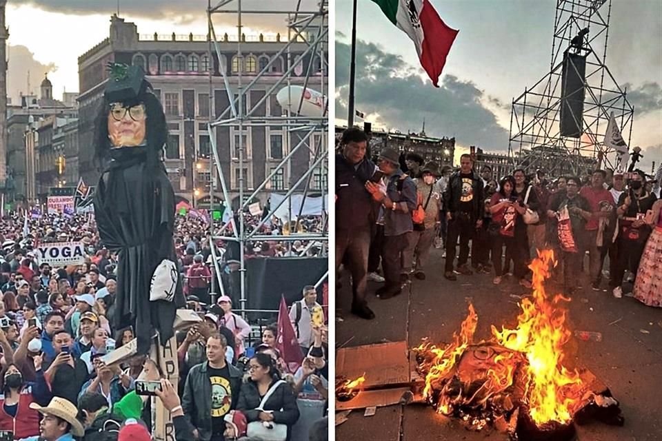 Una figura de la Ministra Norma Piña fue quemada en el Zócalo.