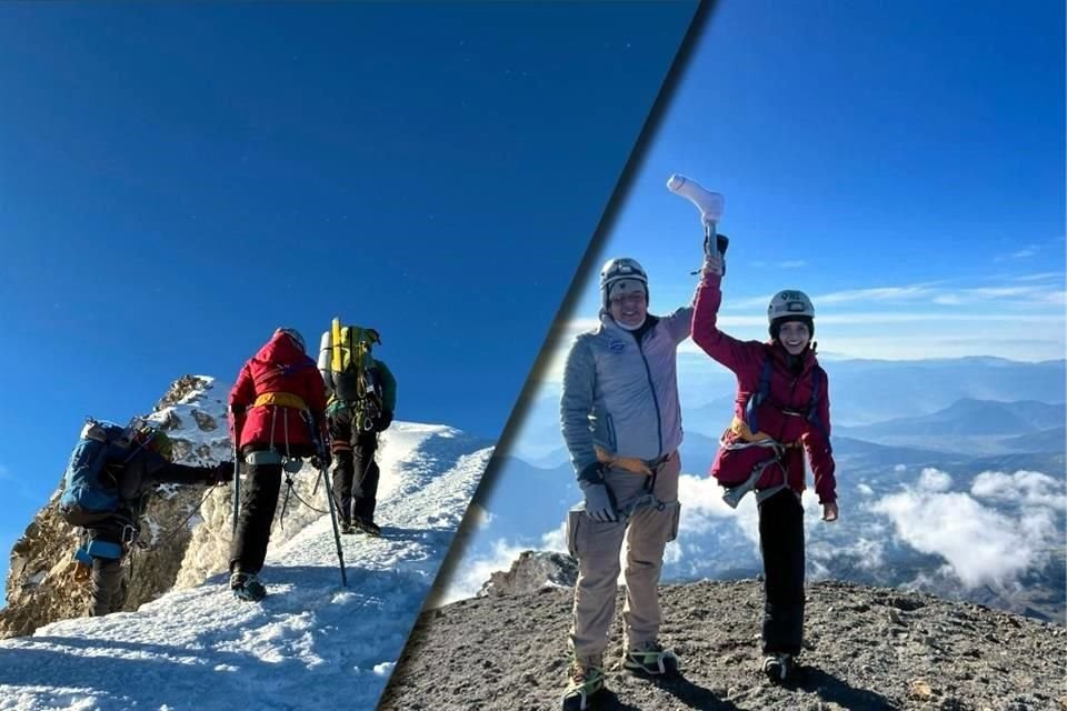 Ximena se convirtió en la primera mujer con solo una pierna en subir el Pico de Orizaba. A la derecha, con Víctor, otro compañero sobreviviente de cáncer que también conquistó la cima. 