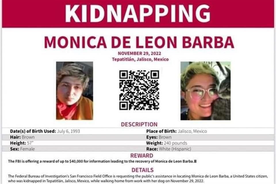 El FBI ofrece una recomensa por la desaparición de Mónica de León, quien fue vista por última vez el 29 de noviembre en Tepatitlán.