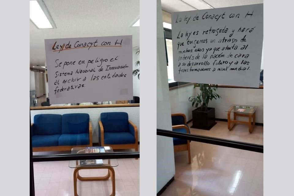 En el Instituto de Investigaciones Sociales de la UNAM pegaron carteles con algunos de los puntos que preocupan a la comunidad científica de la nueva ley.