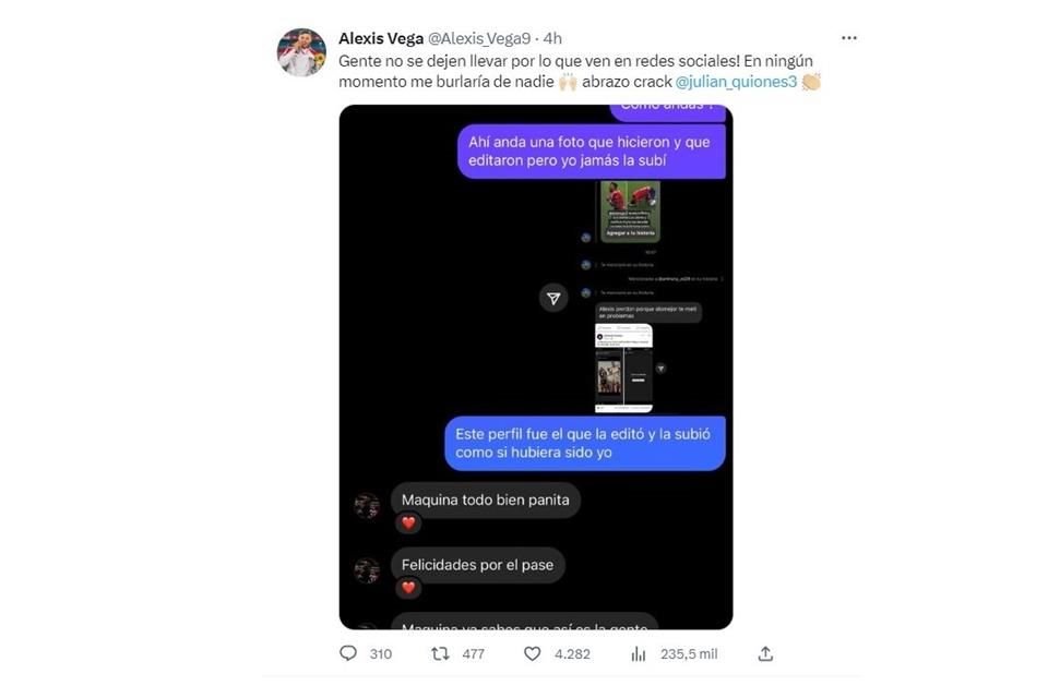 Alexis Vega compartió en redes sociales una captura de pantalla de una conversación con Julián Quiñones, donde aclaraba el incidente.