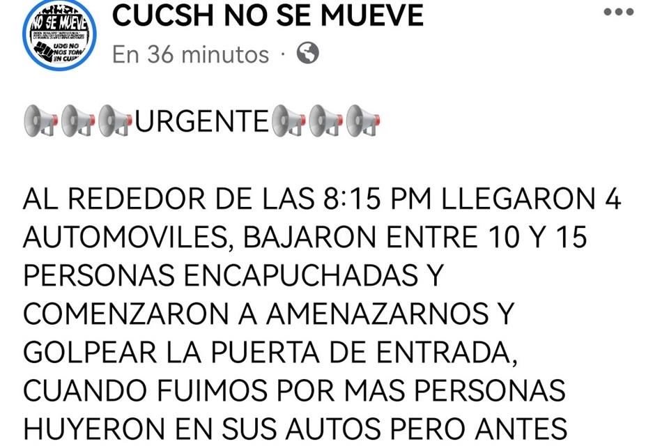 Alumnos del CUCSH que están en paro señalan que un grupo de personas encapuchadas asistió a su campamento para amedrentarlos.