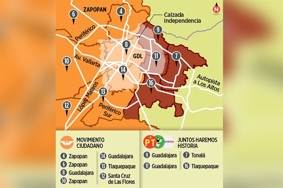 POLARIZAN PREFERENCIAS. En la Metrópoli quedan evidenciadas las zonas que favorecen a naranjas y a los morenistas con diputaciones federales.