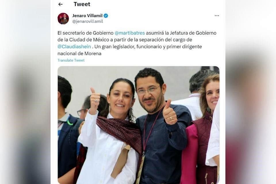 Villamil aseguró que será el Secretario de Gobierno Martí Batres quien releve a Claudia Sheinbaum en la Jefatura de Gobierno de la CDMX.