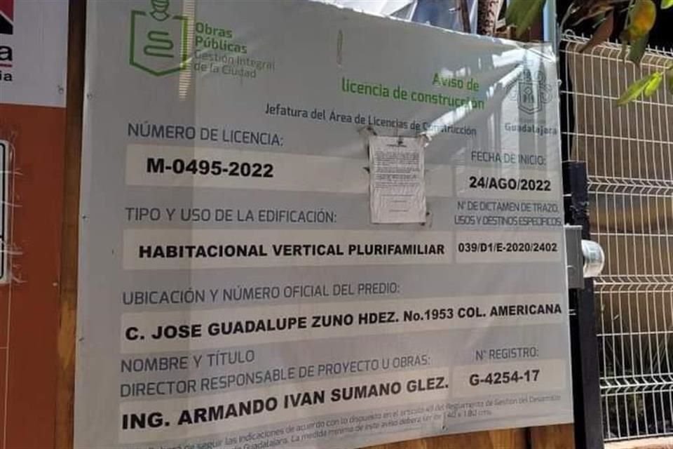 La licencia de obra en Heritage Chapultepec, que se ubica en la Calle José Guadalupe Zuno 1953.