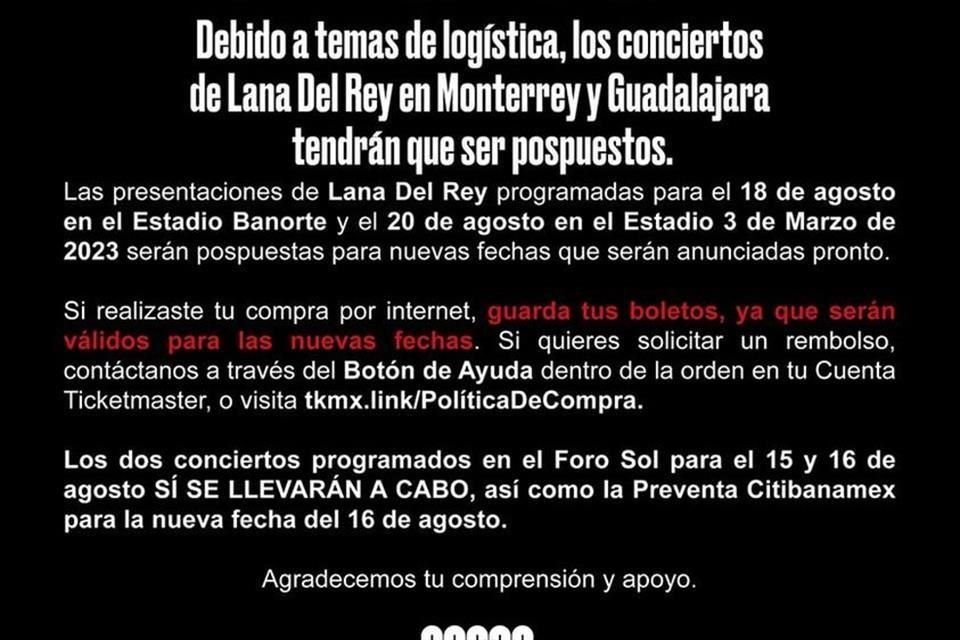 Ocesa dio a conocer que fueron pospuestos los conciertos de Lana del Rey en Monterrey y Guadalajara.