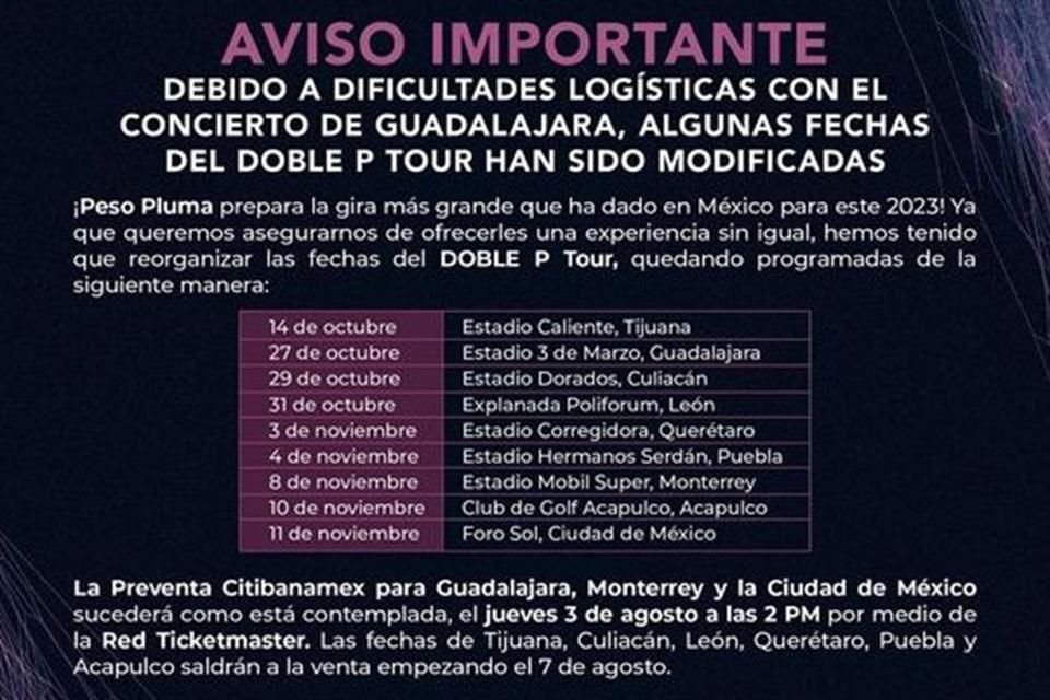 Tras problemas de logística, el show de Peso Pluma en Guadalajara será el 27 de octubre y no el 4 de noviembre como había anunciado OCESA.