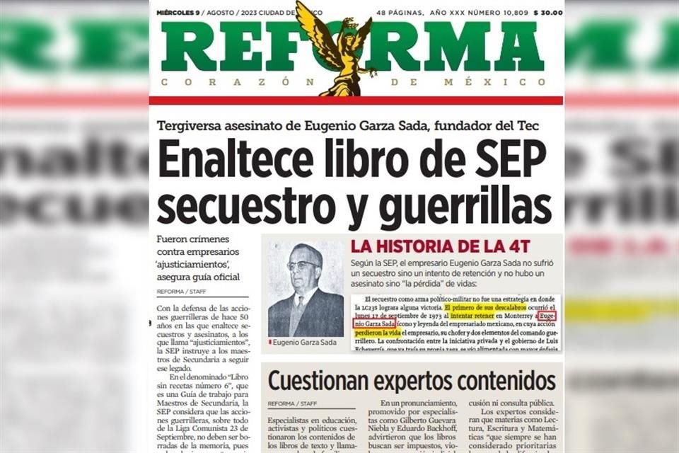 REFORMA publicó que en un libro de la SEP se tergiversa el asesinato de Eugenio Garza Sada.