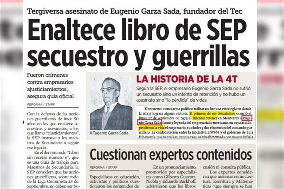 REFORMA publicó que en un libro de la SEP se tergiversa el asesinato de Eugenio Garza Sada.