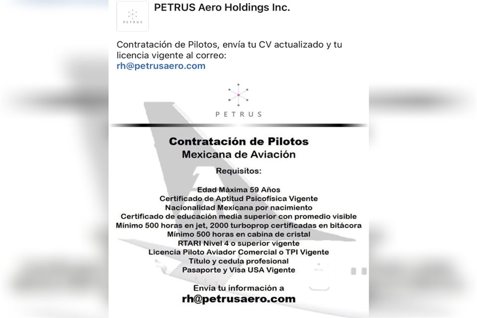 Aunque no se ha oficializado un acuerdo con Petrus, la empresa ya inició la contratación de pilotos.