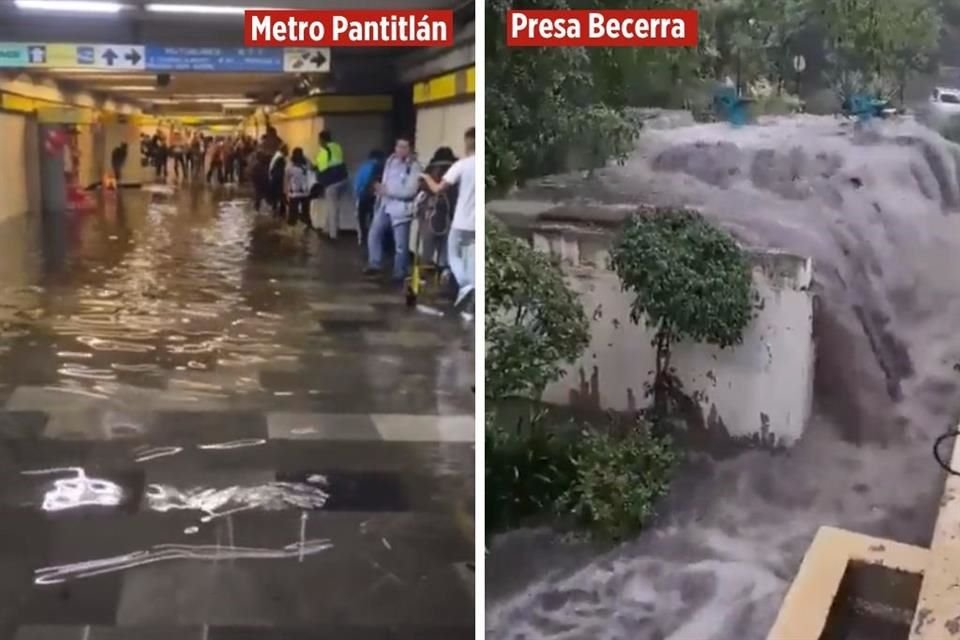 En Metro Pantitlán, usuarios tuvieron que sortear los pasillos inundados, mientras que la Presa Becerra, en AO, se desbordó.