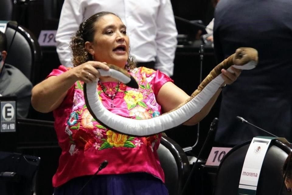 La diputada morenista Rosalba Valencia Cruz sacó una serpiente de utilera dirigiéndose a los diputados del PAN durante la discusión del minuto de silencio.