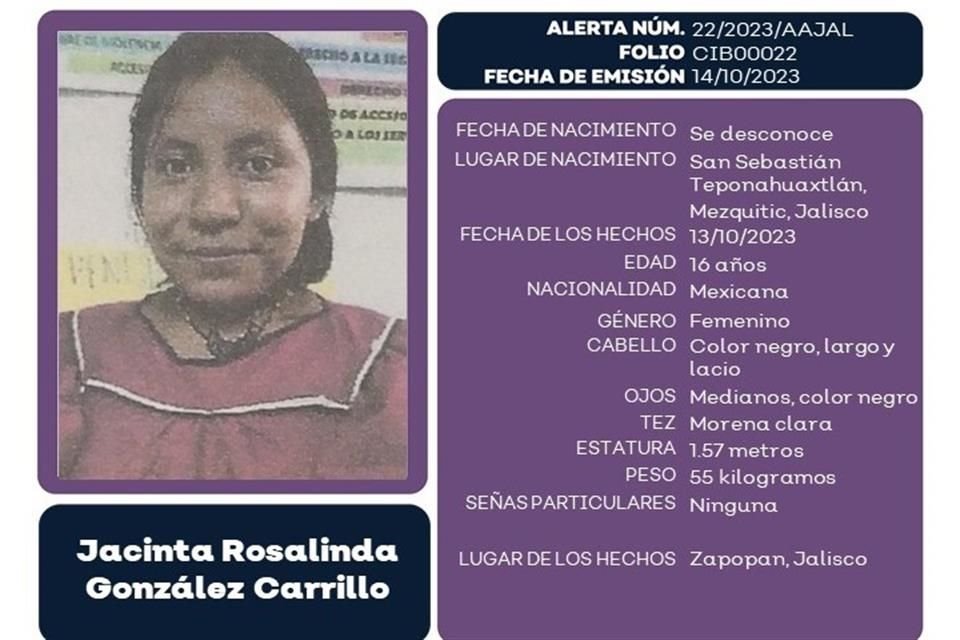 Jacinta Rosalinda González Carrillo, menor de la comunidad Wixárika desaparecida el 13 de octubre en Zapopan.