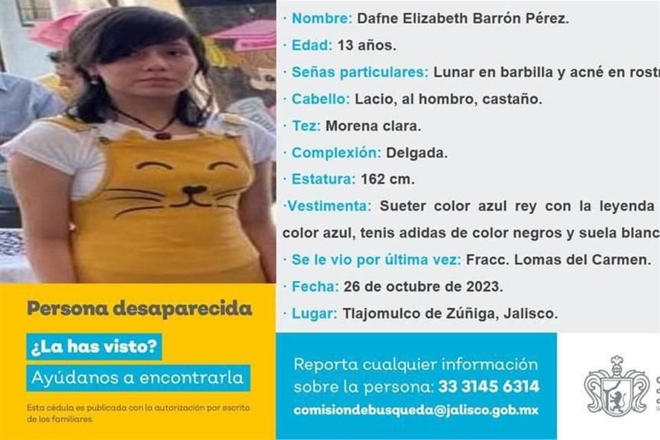 Dafne Elizabeth Barrón Pérez, desaparecida desde el jueves.