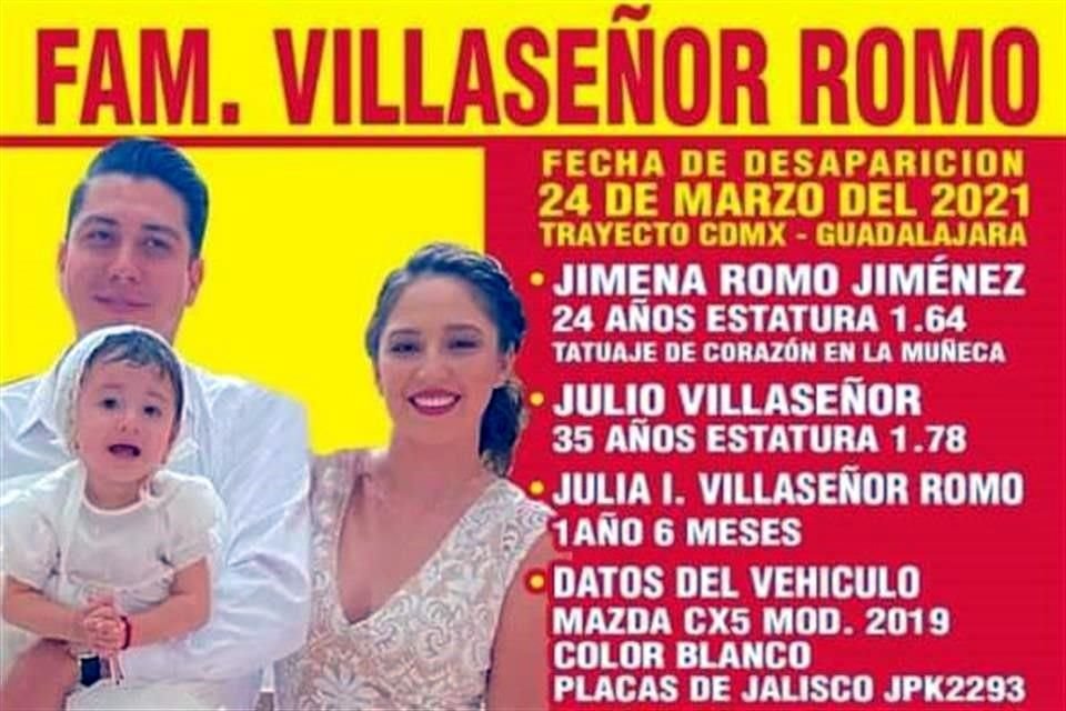 Julio Alberto Villaseñor Cabrera y su esposa, Jimena Romo Jiménez, desaparecieron el 24 de marzo, cuando regresaban de un viaje a la Ciudad de México.