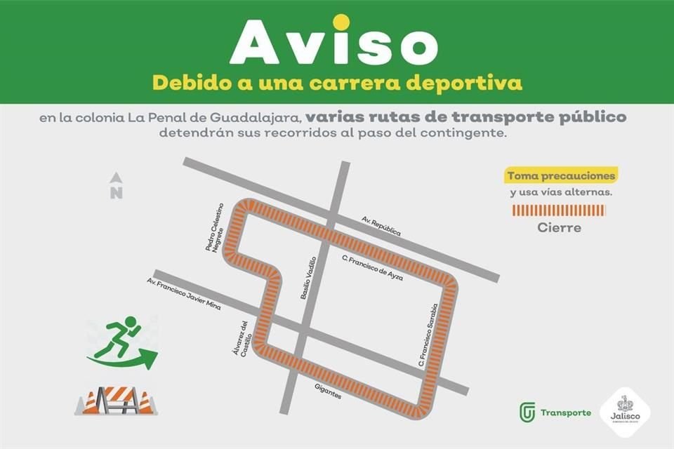 En la colonia La Penal, en Guadalajara, se cerrarán alginas vialidades por una carrera atlética.
