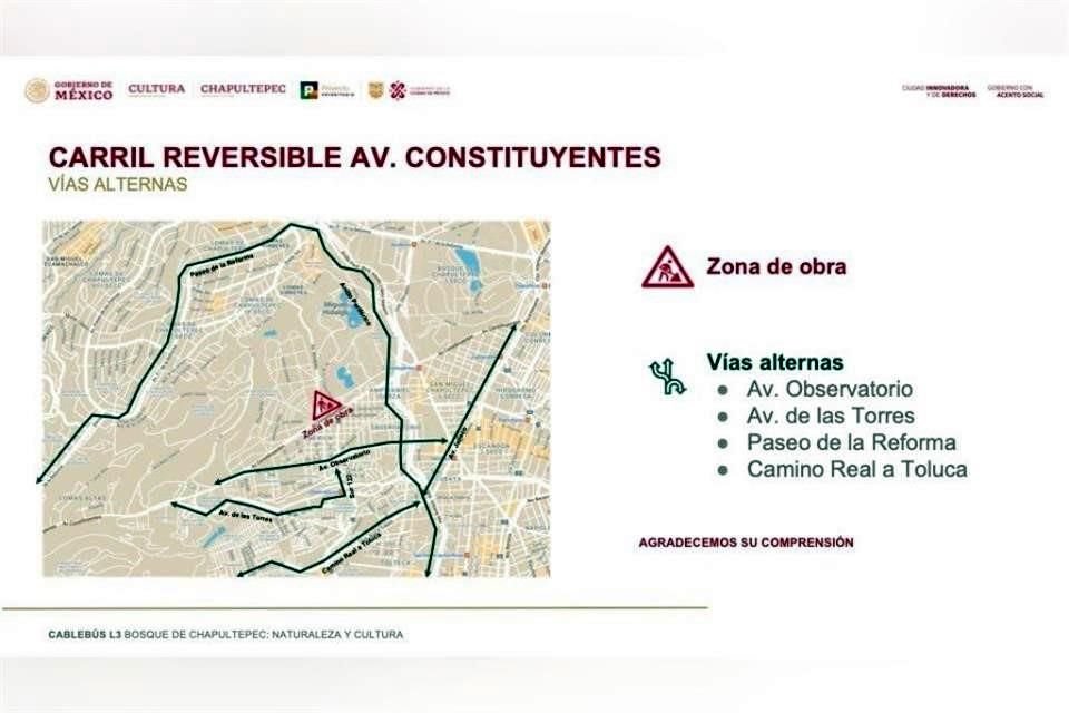 El carril reversible se implementará en el tramo de calle General Sostenes Rocha a calle Sur 128, a partir de la noche del sábado 25, por lo que sugieren vías alternas.