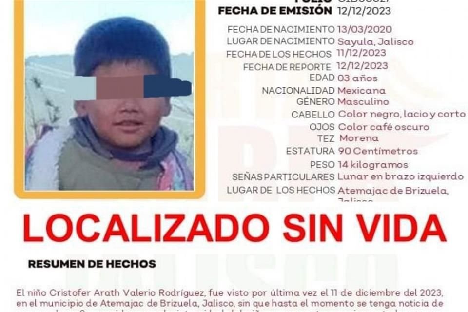 Sin vida fue localizado el menor Cristofer Arath Valerio Rodríguez, quien había sido reportado como desaparecido en Atemajac de Brizuela.