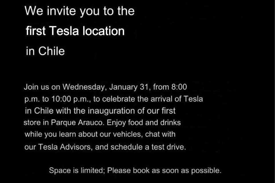 Tesla envió invitaciones para la apertura de su primera tienda en Chile el próximo 31 de enero en un exclusivo mall.