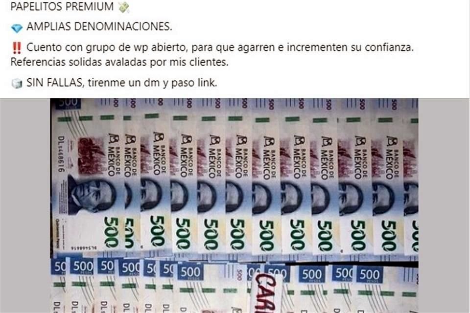 Billetes falsos es parte de lo que se ofrece a la venta en redes sociales.