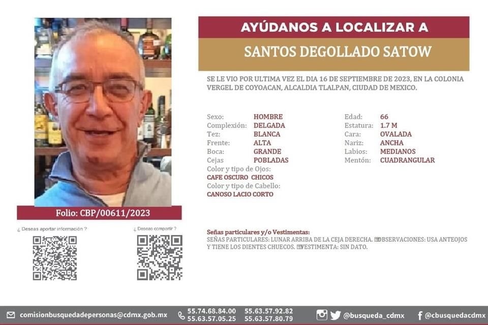 Ficha de desaparecido de Santos Degollado Satow.