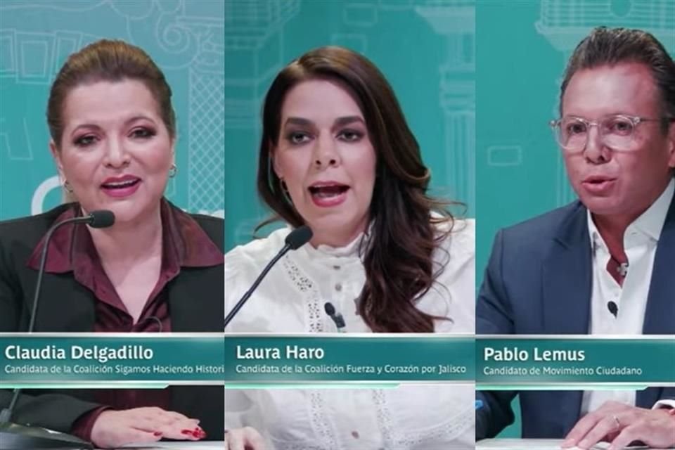 Claudia Delgadillo (Morena y Mega Alianza), Laura Haro (PRI, PAN y PRD) y Pablo Lemus (MC), durante el segundo debate por la Gubernatura de Jalisco.