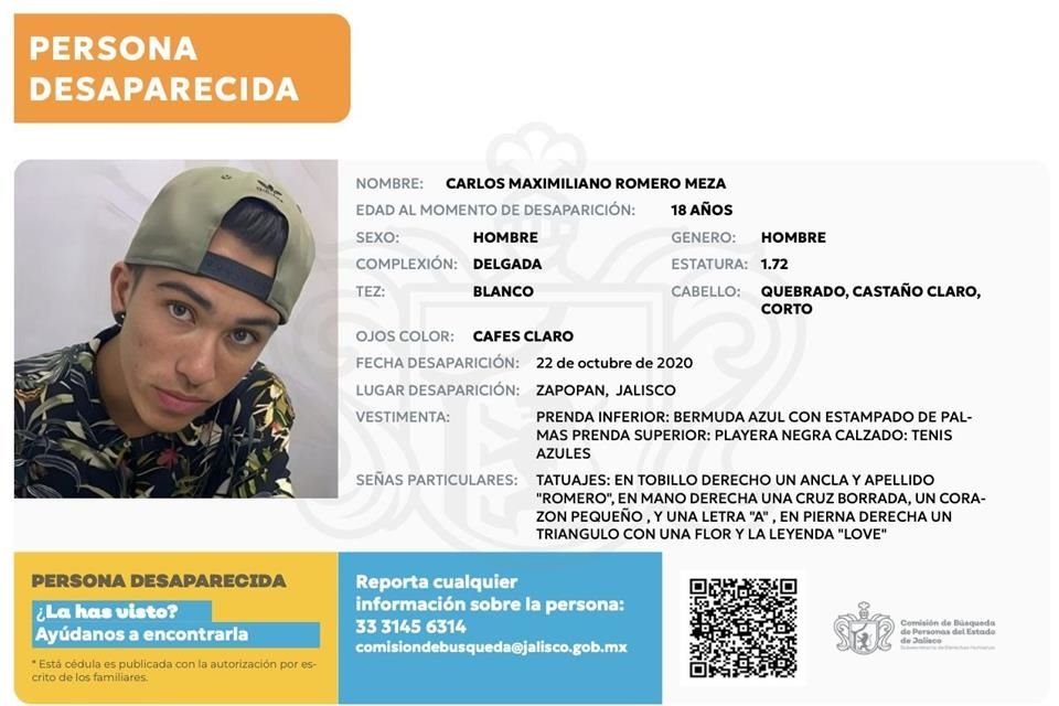 Carlos Maximiliano desapareció el 22 de octubre de 2020 en la Colonia La Tuzanía, en Zapopan.