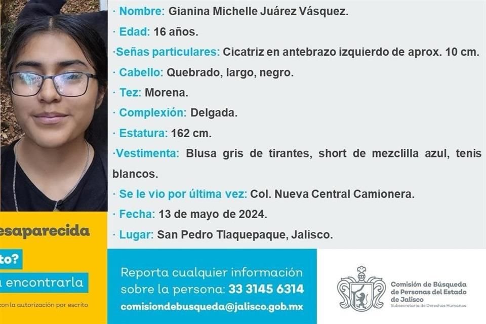 Gianina Michelle Juárez Vázquez es estudiante de la Prepa 11 de la UdeG y está desaparecida desde el 13 de mayo en Tlaquepaque.