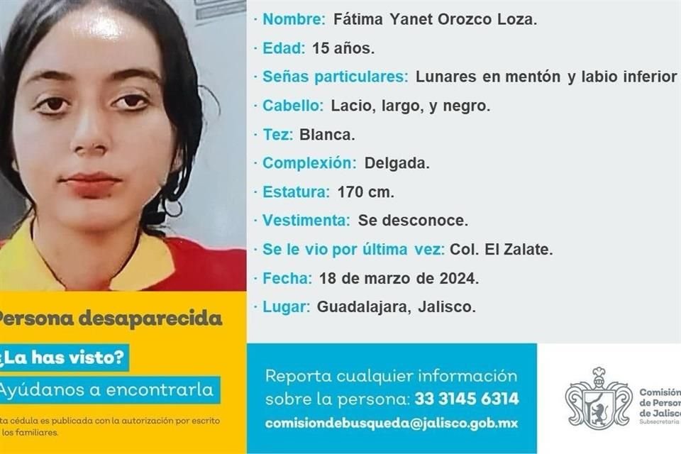 Se activó Alerta Amber para localizar a Fátima Yanet Orozco, de 15 años, desaparecida desde el 25 de marzo en Guadalajara.