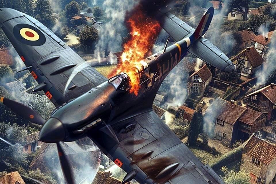 Varios spitfires MK-IX entran en barrena por el cielo de Normandía; en uno de ellos va Luis Pérez Gómez, piloto tapatío enlistado en la Fuerza Aérea de Canadá.