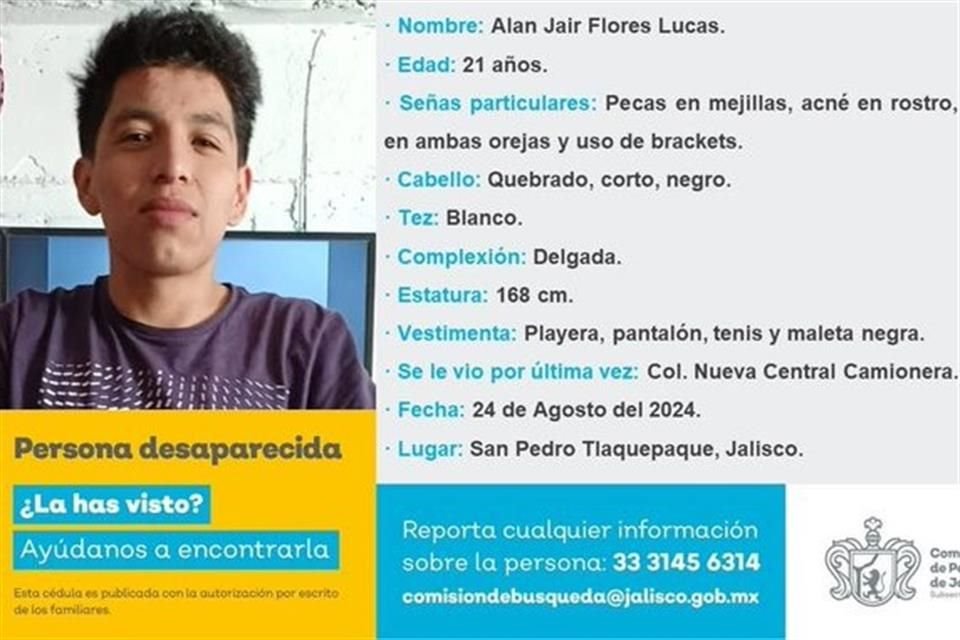 Alan Jair Flores Lucas fue visto por última vez el 24 de agosto en la Nueva Central Camionera de Tlaquepaque, tras viajar desde Puebla a Jalisco.