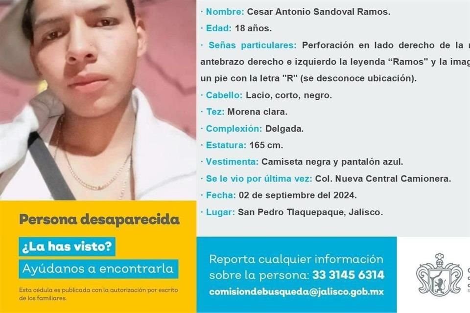 César Antonio Sandoval Ramos, de 18 años, quien fue visto por última vez el 2 de septiembre.