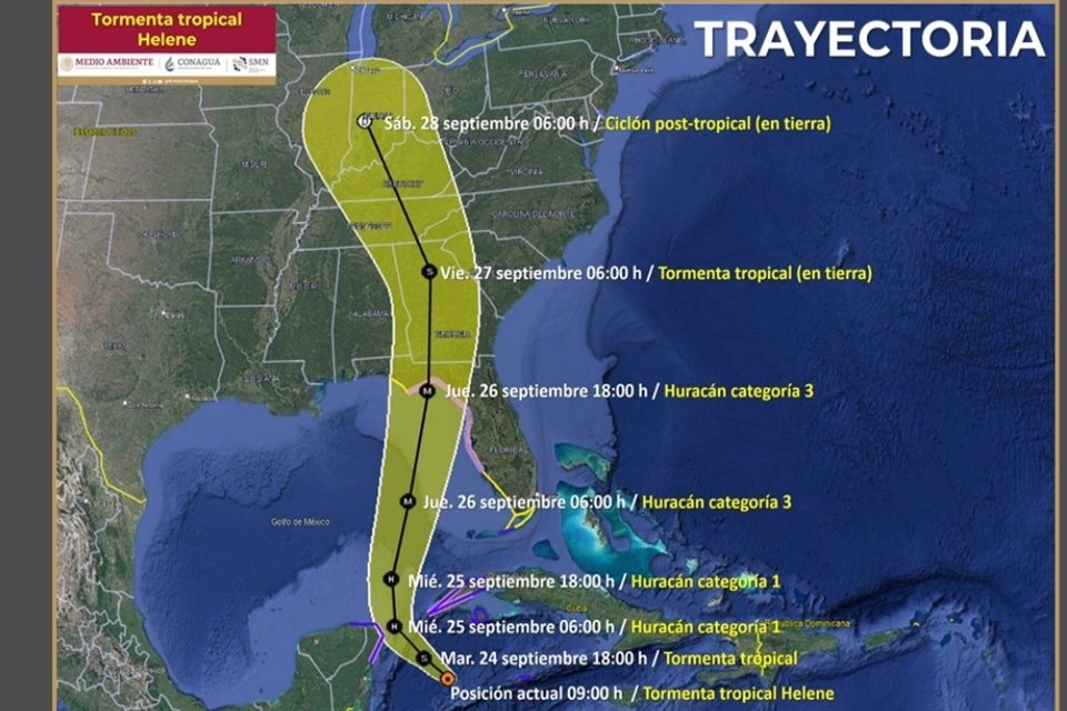 La Tormenta Tropical 'Helene' se formó a 295 kilómetros al este-sureste de Cozumel, Quintana Roo, informó Conagua-