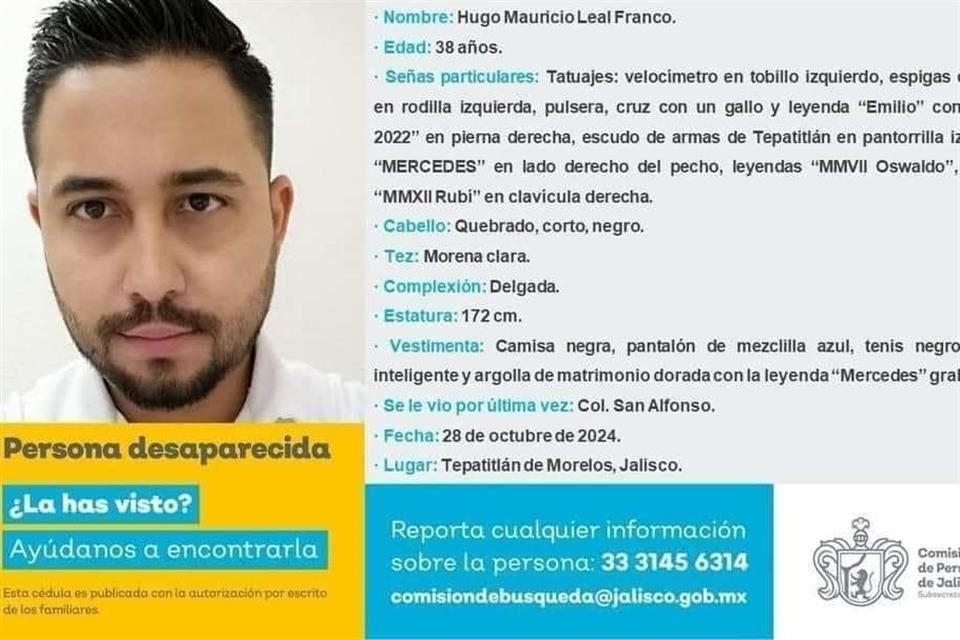 Hugo Mauricio Leal Franco, de 38 años, enfermero del Instituto Mexicano del Seguro Social, desapareció el pasado 28 de octubre en Tepatitlán, Jalisco.