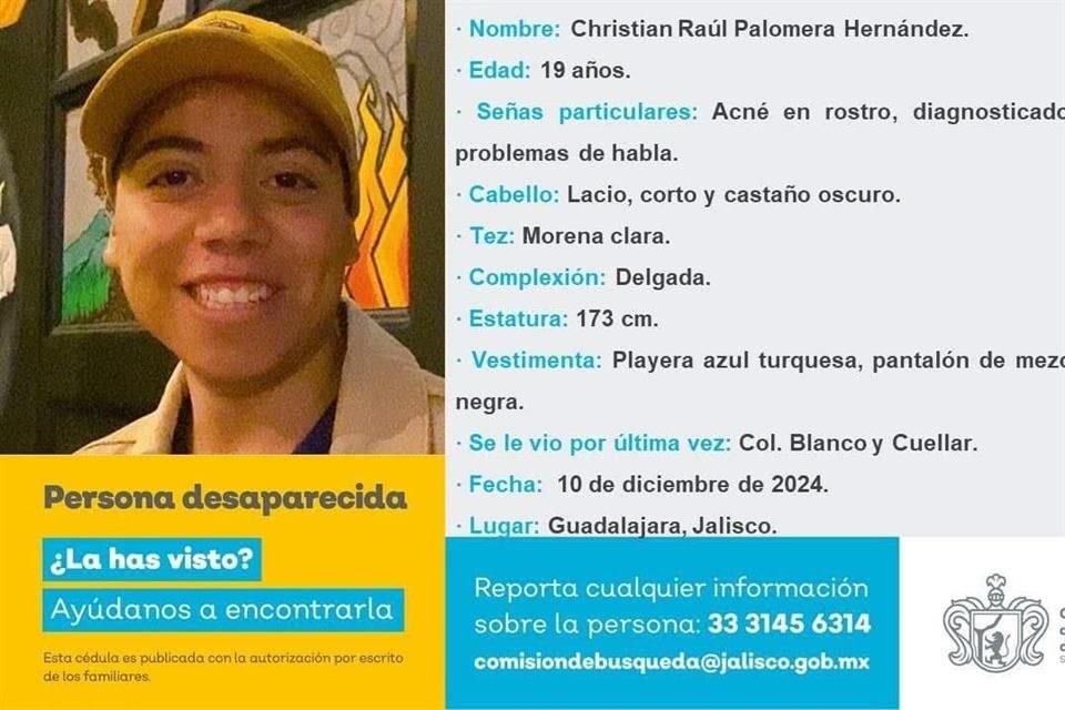 El estudiante de la Prepa 2 Christian Raúl Palomera Hernández, de 19 años, quien padece autismo y tiene problemas con el habla, se encuentra desaparecido dede el 10 de diciembre.