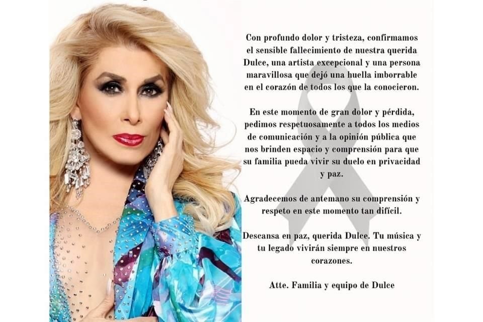 La familia de Dulce escribió un mensaje en las redes sociales de la cantante.