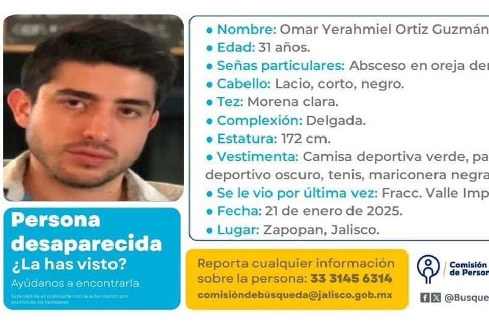 Omar Yarahmiel Ortiz Guzmán, hijo de un profesor de la UdeG, se encuentra desaparecido desde hace una semana y las autoridades  solicitan apoyo para localizarlo.