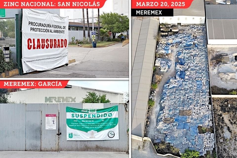 El Estado suspendió ayer a Zinc Nacional su planta de San Nicolás y dos naves industriales en García de su filial Meremex, una (der.) con sus patios llenos de costales gigantes.
