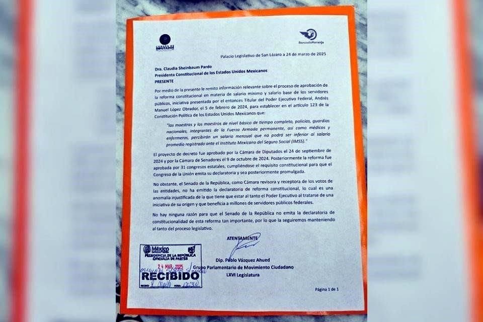 MC entregó carta a Presidencia en la que acusa que Senado se ha negado a emitir declaratoria de constitucionalidad de reforma de salarios.
