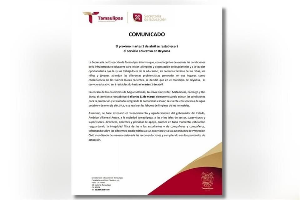 En el comunicado se informó que en las escuelas de Río Bravo, Díaz Ordaz, Camargo y Miguel Alemán las clases se reanudan el lunes.