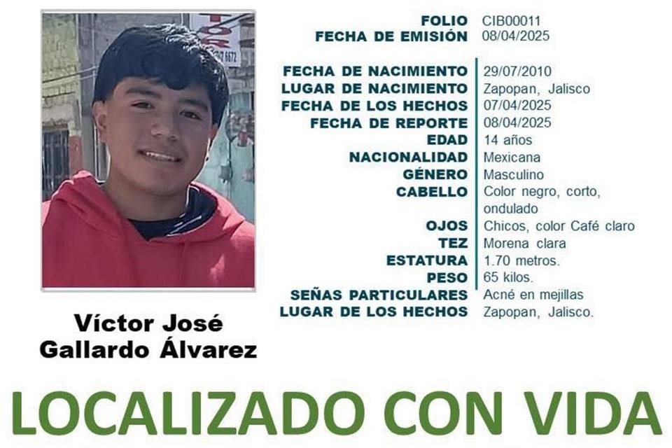 Alerta Amber informó la localización con vida del menor Víctor José Gallardo, reportado como desaparecido el pasado 8 de abril.