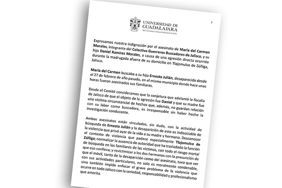 Desde la UdeG se aseguró que los asesinatos están ligados con la labor de búsqueda de la madre.