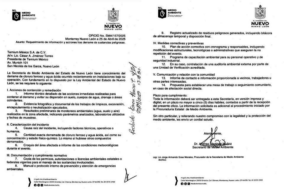 En un comunicado, la Secretaría de Medio Ambiente estatal informó que emplazó a Ternium para que en cinco días hábiles entregue un informe y plan de contención y remediación.