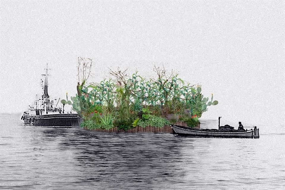 Collage de la Chinampa Veneta, 2025, sobre una imagen del Teatro del Mondo de Aldo Rossi.