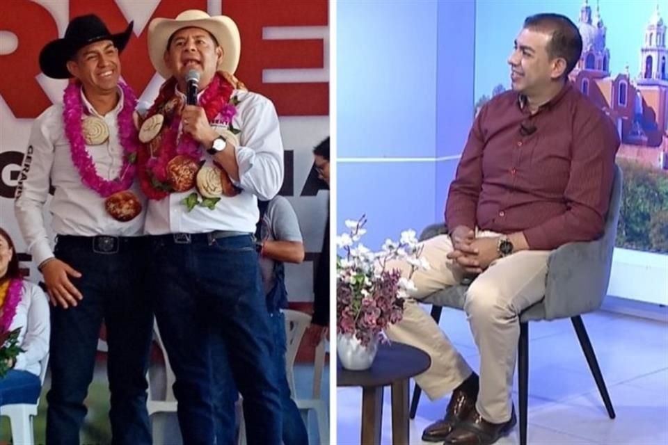 Gerardo Cortés y Alejandro Armenta (izquierda) en campaña en 2024, y Edil de Cuautempan último día que fue visto en público, el pasado 9 de mayo. (derecha, entrevista en Canal 13 de Puebla).