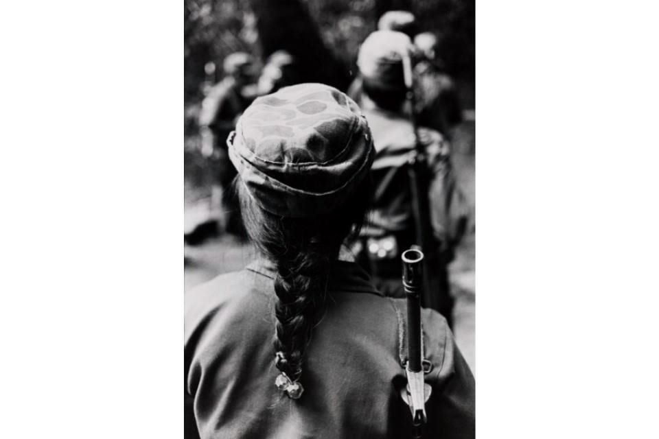 In this image, Valtierra's lens captures a 'Guerrilla Mamé (1982)' from a Mayan village in Guatemala.