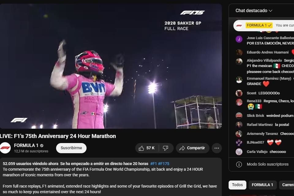 Para celebrar sus 75 años, la F1 retransmitió el triunfo de Checo Pérez en Sakhir, logrando captar la atención de más de 55 mil usuarios.