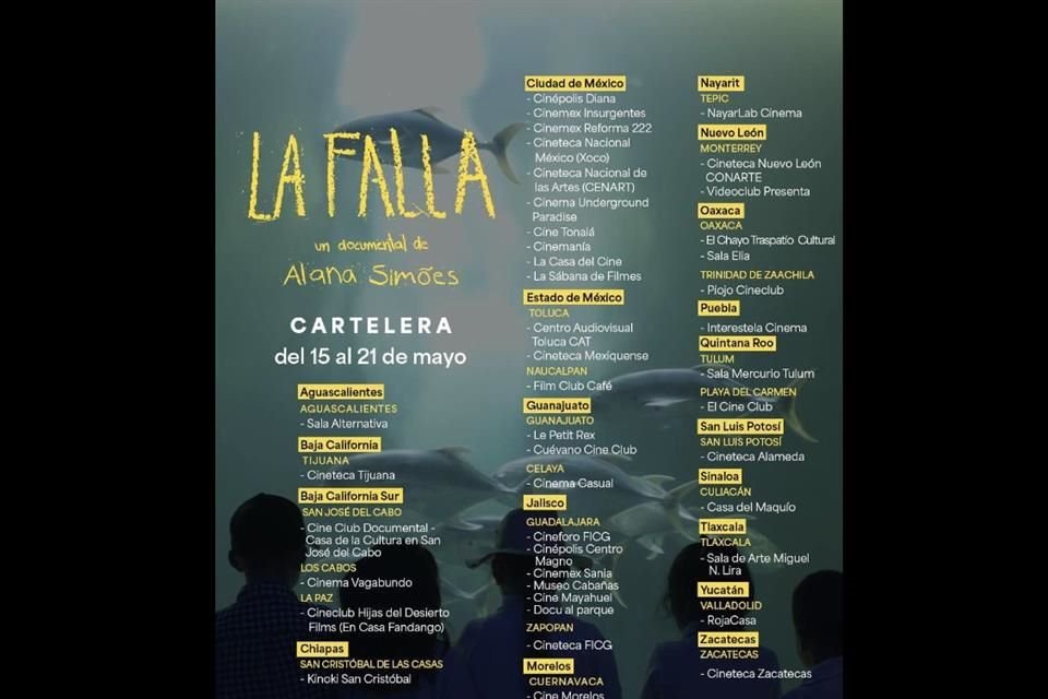 'La Falla' podrá verse en sedes como la Cineteca Nacional, Cineteca FICG, Cine Tonalá, Cinemanía, Film Club Café, Cine Morelos, Kinoki, Cineteca Alameda y otros espacios en más de 25 ciudades.