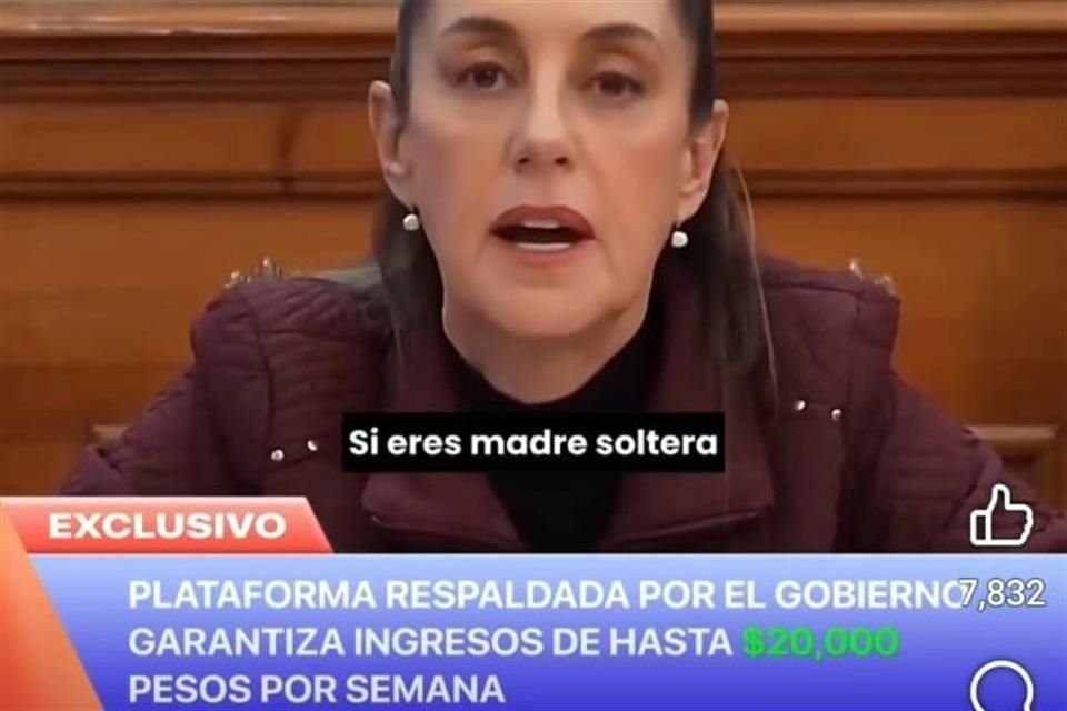 El video presenta la imagen de la Presidenta de México, Claudia Sheinbaum promoviendo una supuesta plataforma de inversión con rendimientos del 98 por ciento.