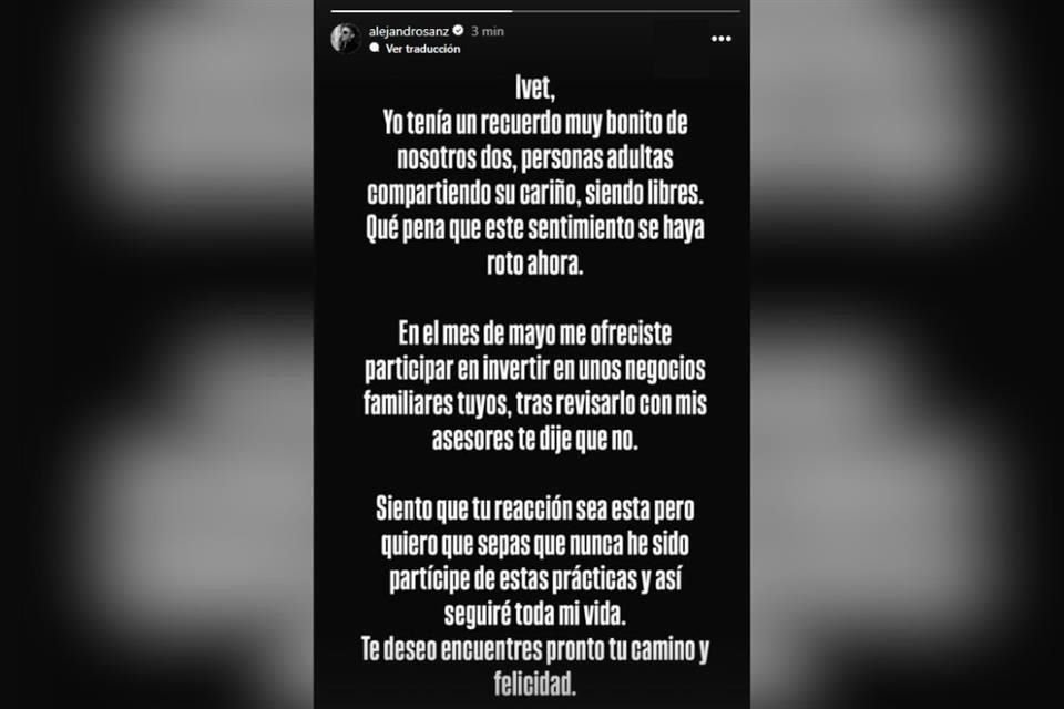 Alejandro Sanz publicó en sus redes sociales un mensaje dirigido a Ivet Playa.